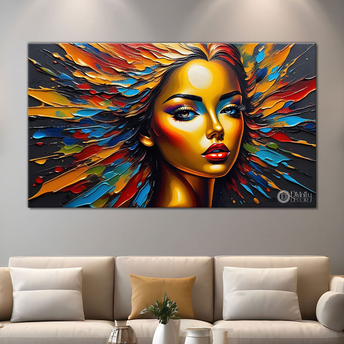 Beautiful woman with colorful background modern art Canvas Painting - Design - Modern-L-349