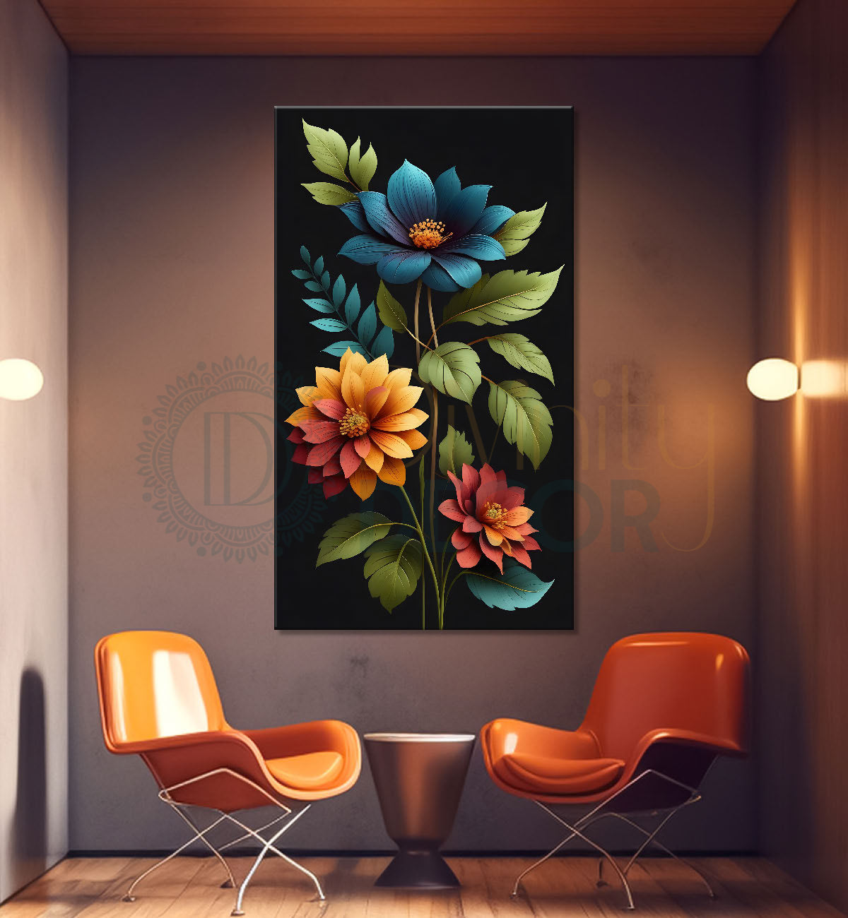 Colourful flowers in dark textured painting- Flower-V-349