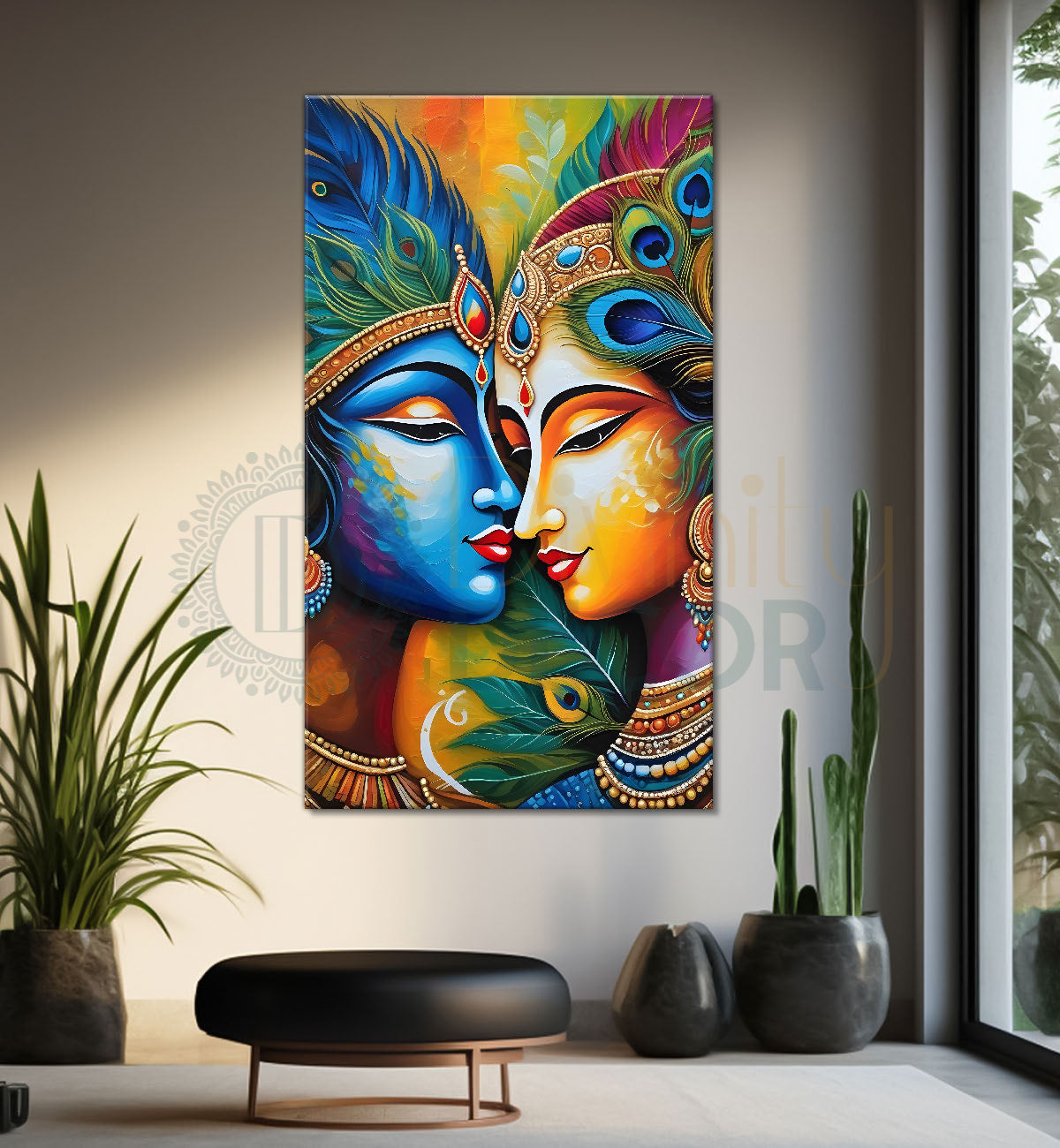 Blue face of krishna with radha in orange background textured art Canvas Painting - Design - Krishna-V-34