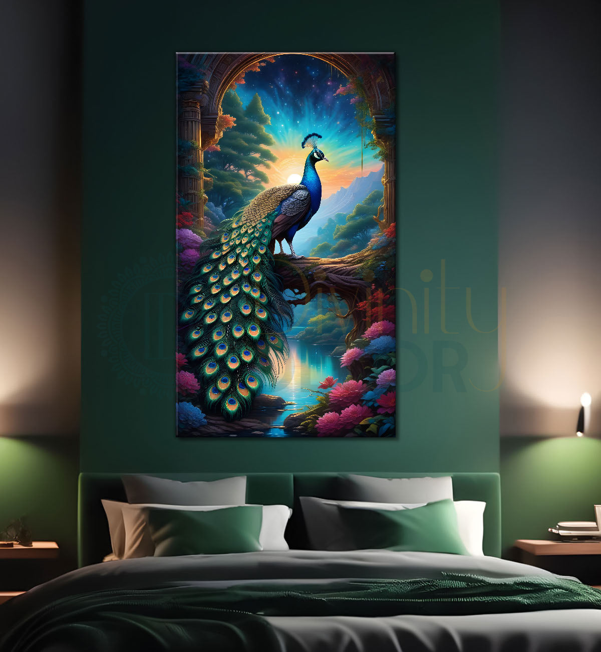 Peacock on branch in front of moon with blue background modern art painting - Design - Peacock-V-34