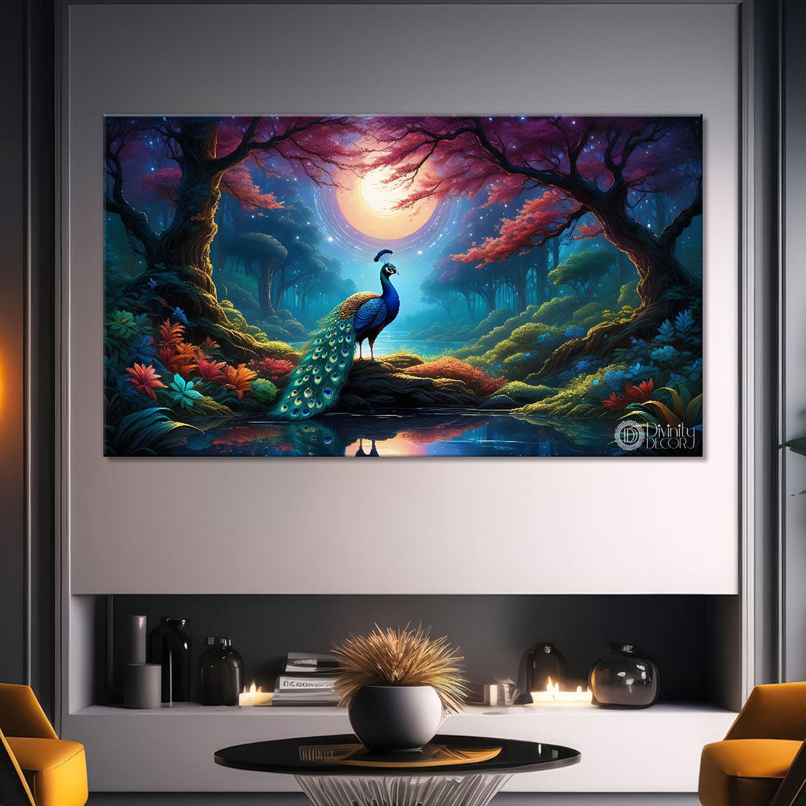 Peacock on the branch with dark background painting Canvas Painting - Design - Peacock-35