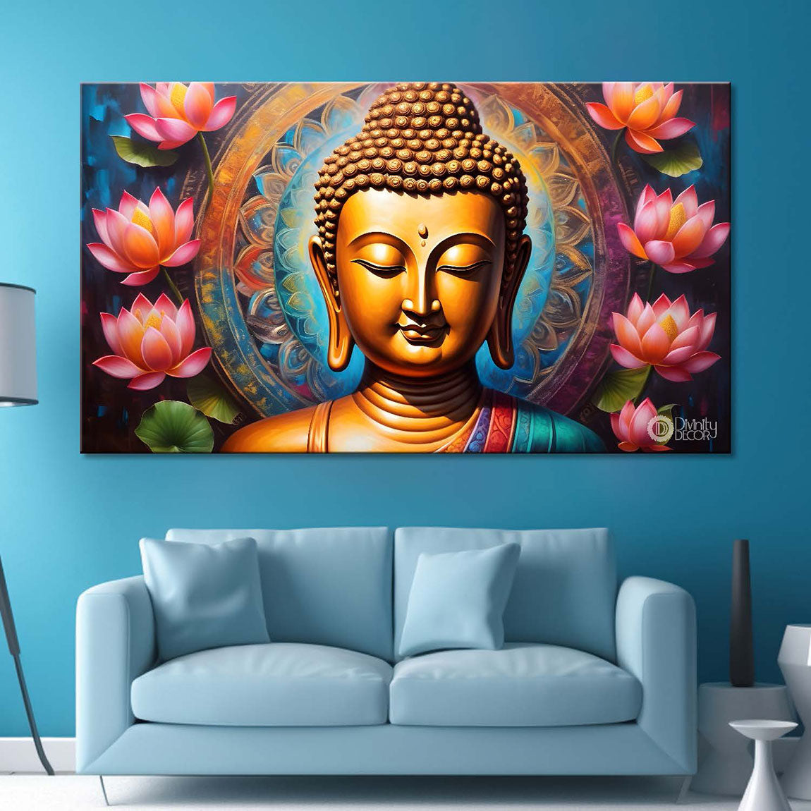 Golden buddha with colorful and lotus background textured painting Canvas Wall Painting - Buddha-350