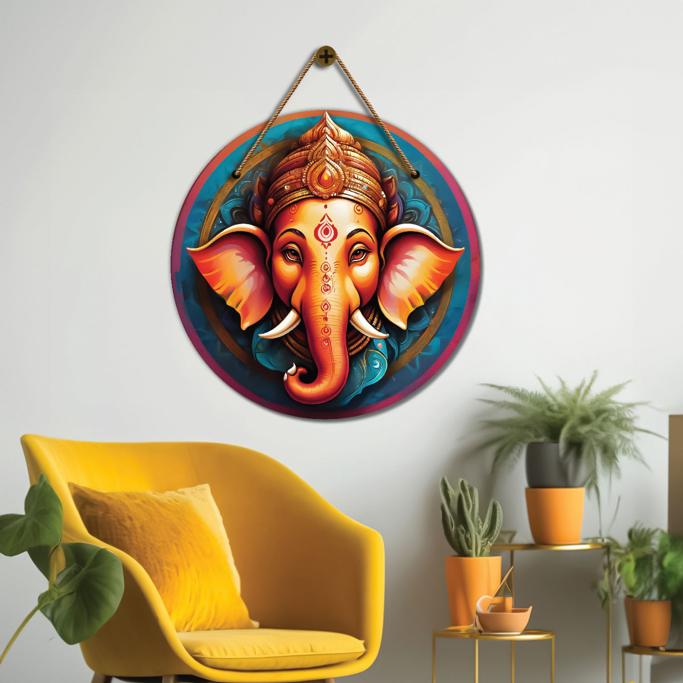 Ganesh Ji in blue and orange mandala Round Wooden Wall Hanging for wall Décor - Design - 350