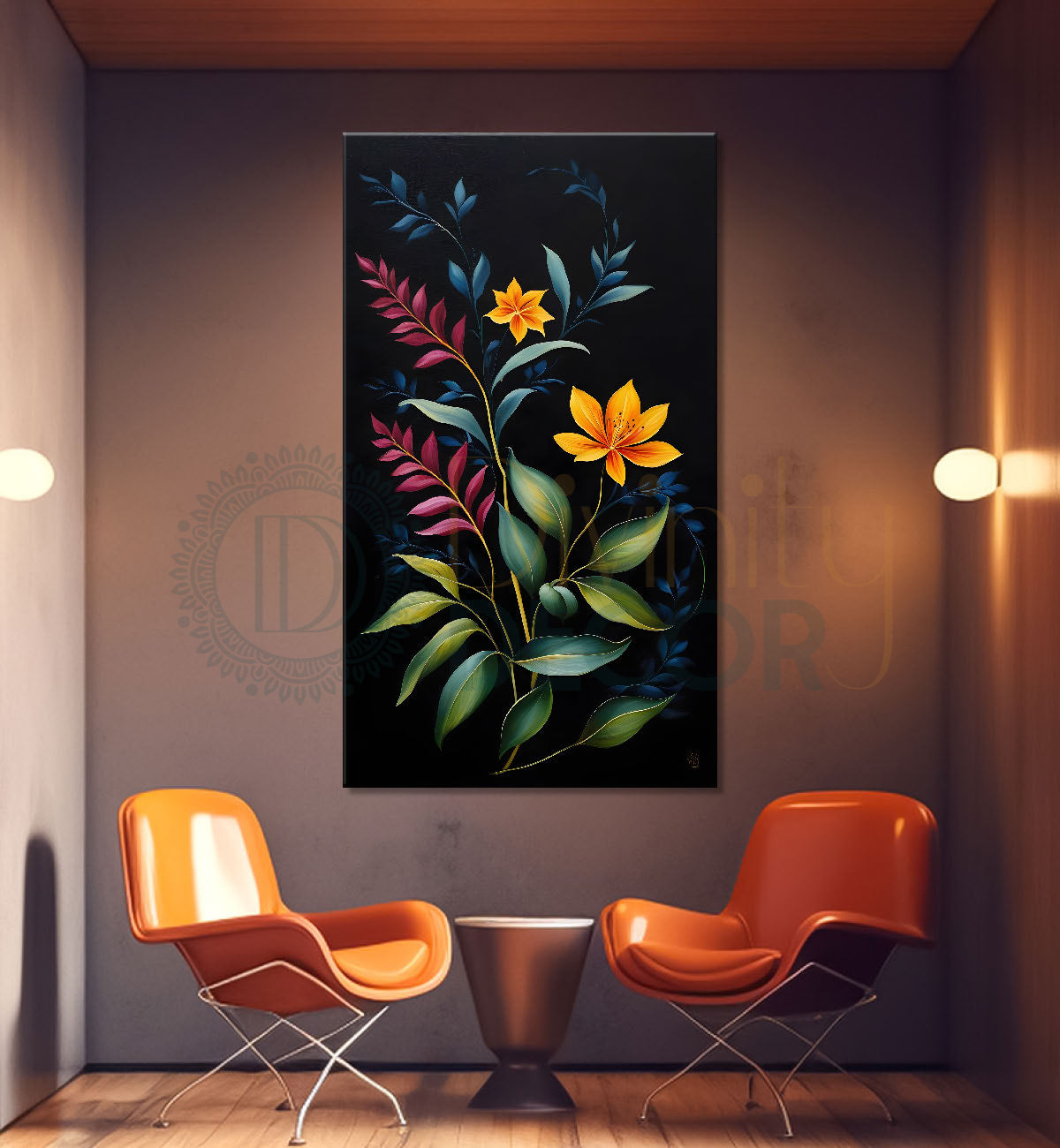 Orange flowers in dark flowers painting- Flower-V-350