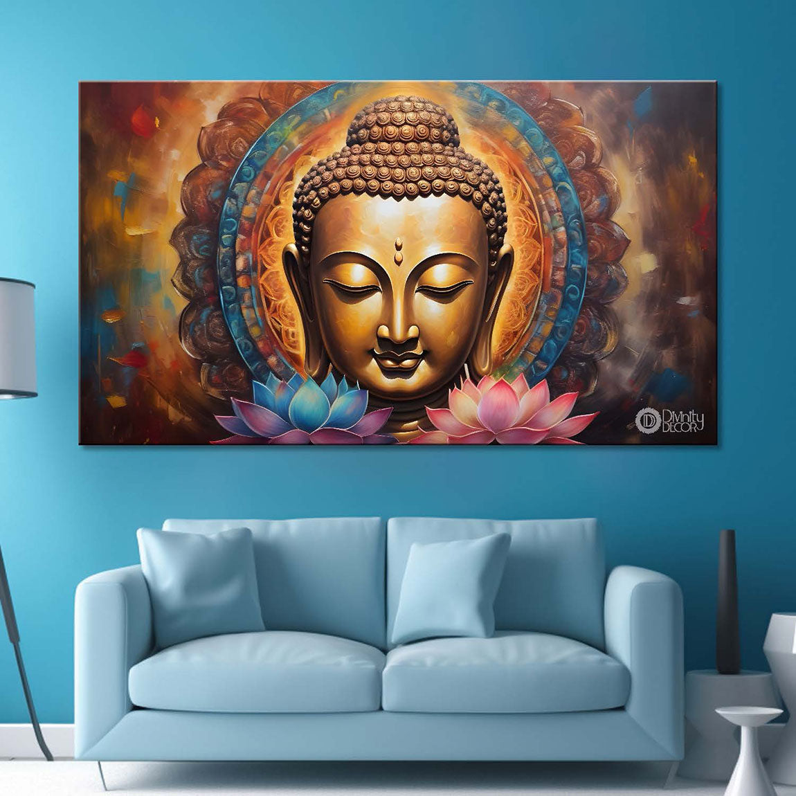 Golden buddha with colorful and lotus background textured painting Canvas Wall Painting - Buddha-351