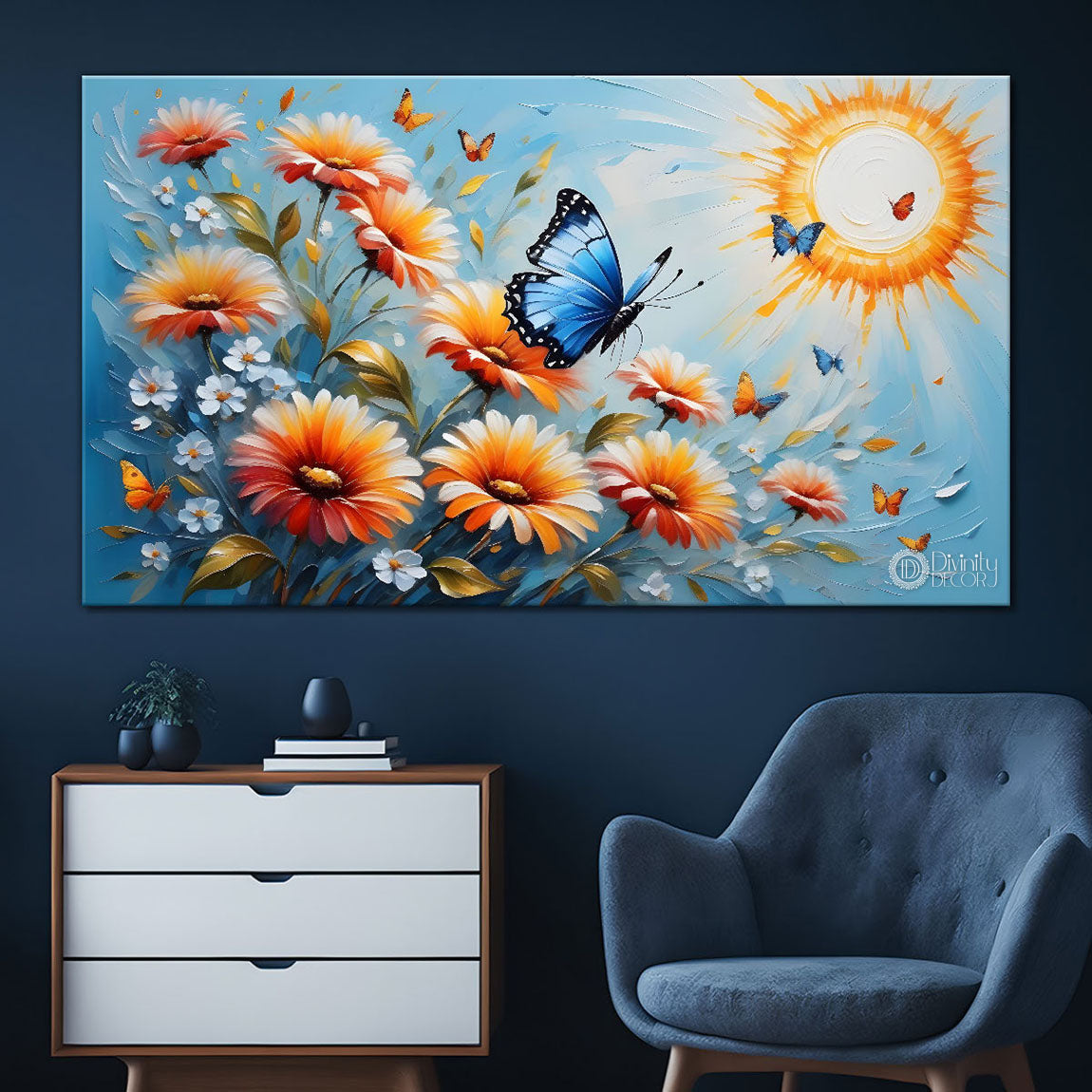 Flowers and butterfly textured art Canvas Painting - Nature Art -351