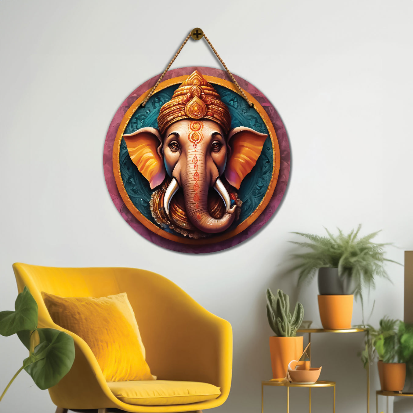 Ganesh Ji in blue and orange mandala Round Wooden Wall Hanging for wall Décor - Design - 351