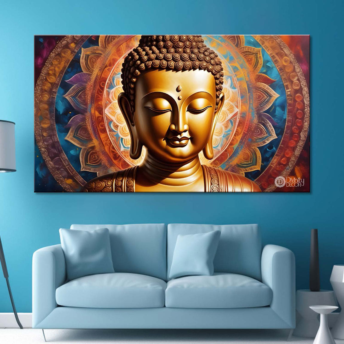Golden buddha with colorful chakra background textured painting Canvas Wall Painting - Buddha-352