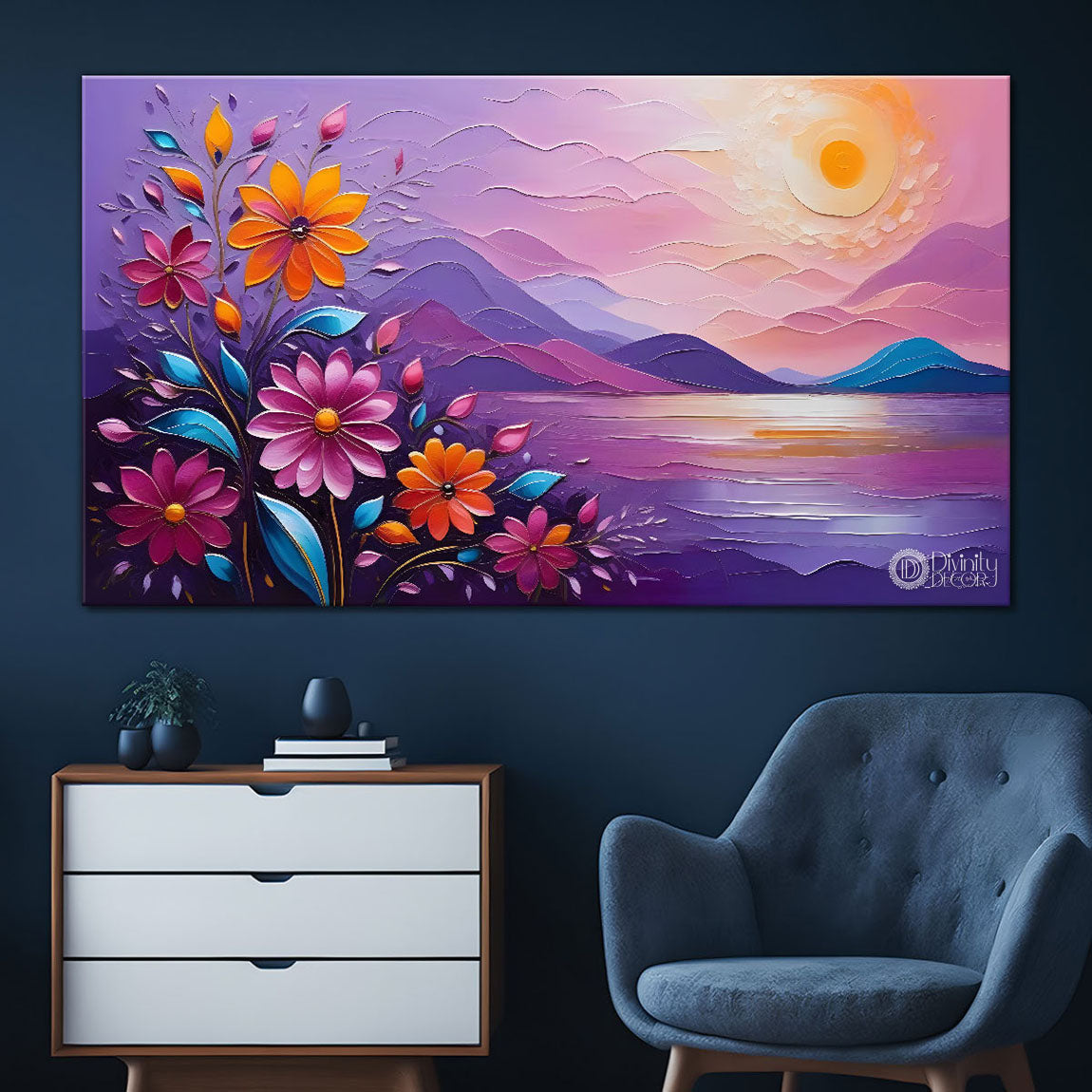 Mountains with flowers and sunset painting Canvas Painting - Nature Art -352