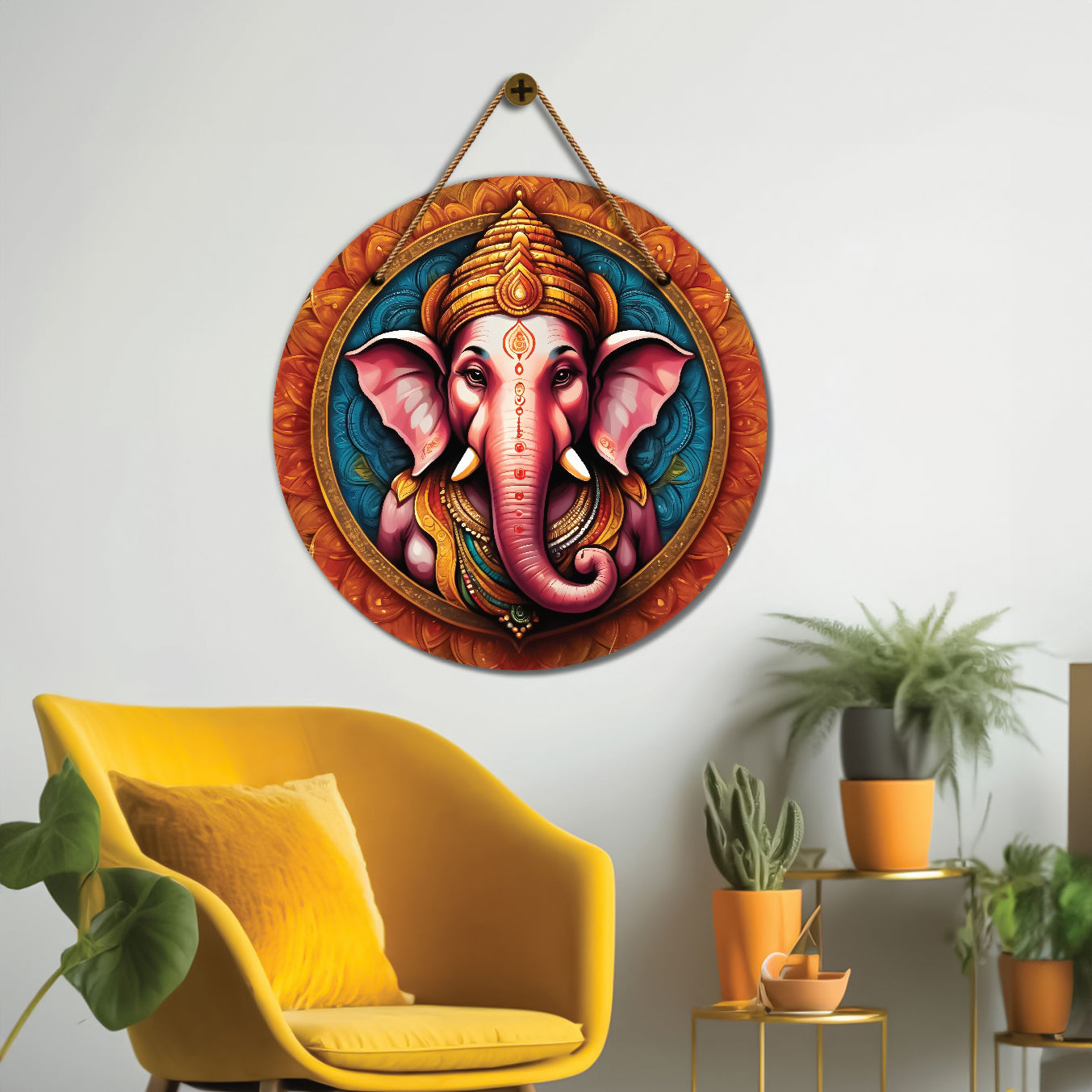 Ganesh Ji in blue and orange mandala Round Wooden Wall Hanging for wall Décor - Design - 352