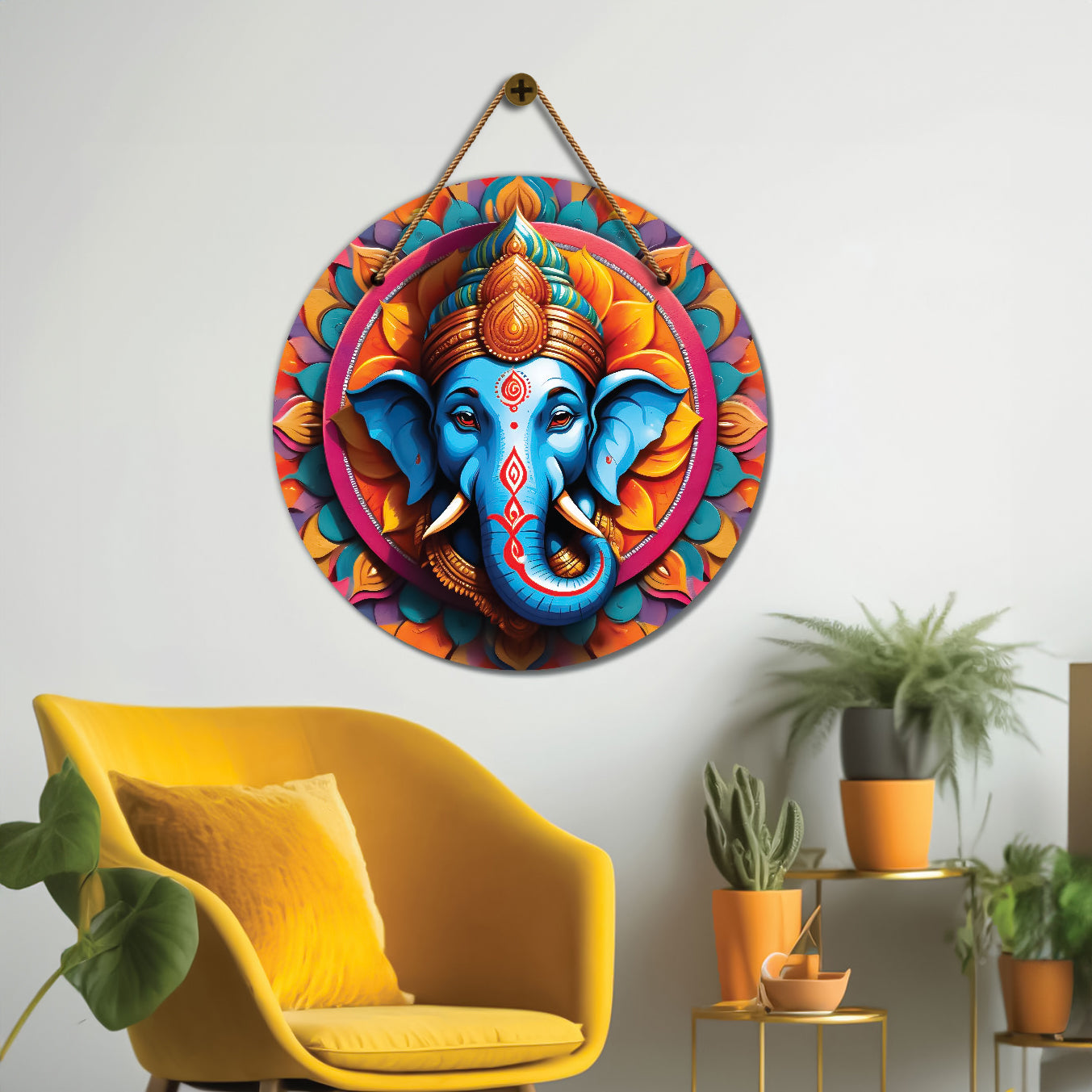 Ganesh Ji in blue and yellow floral mandala Round Wooden Wall Hanging for wall Décor - Design - 353