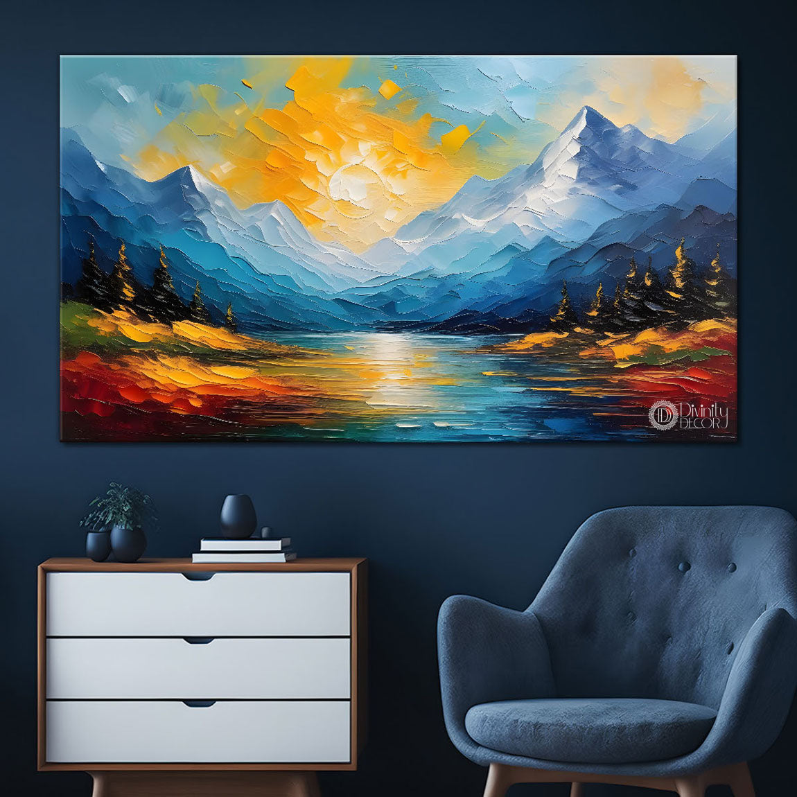 Mountains with sun in textured painting Canvas Painting - Nature Art -353