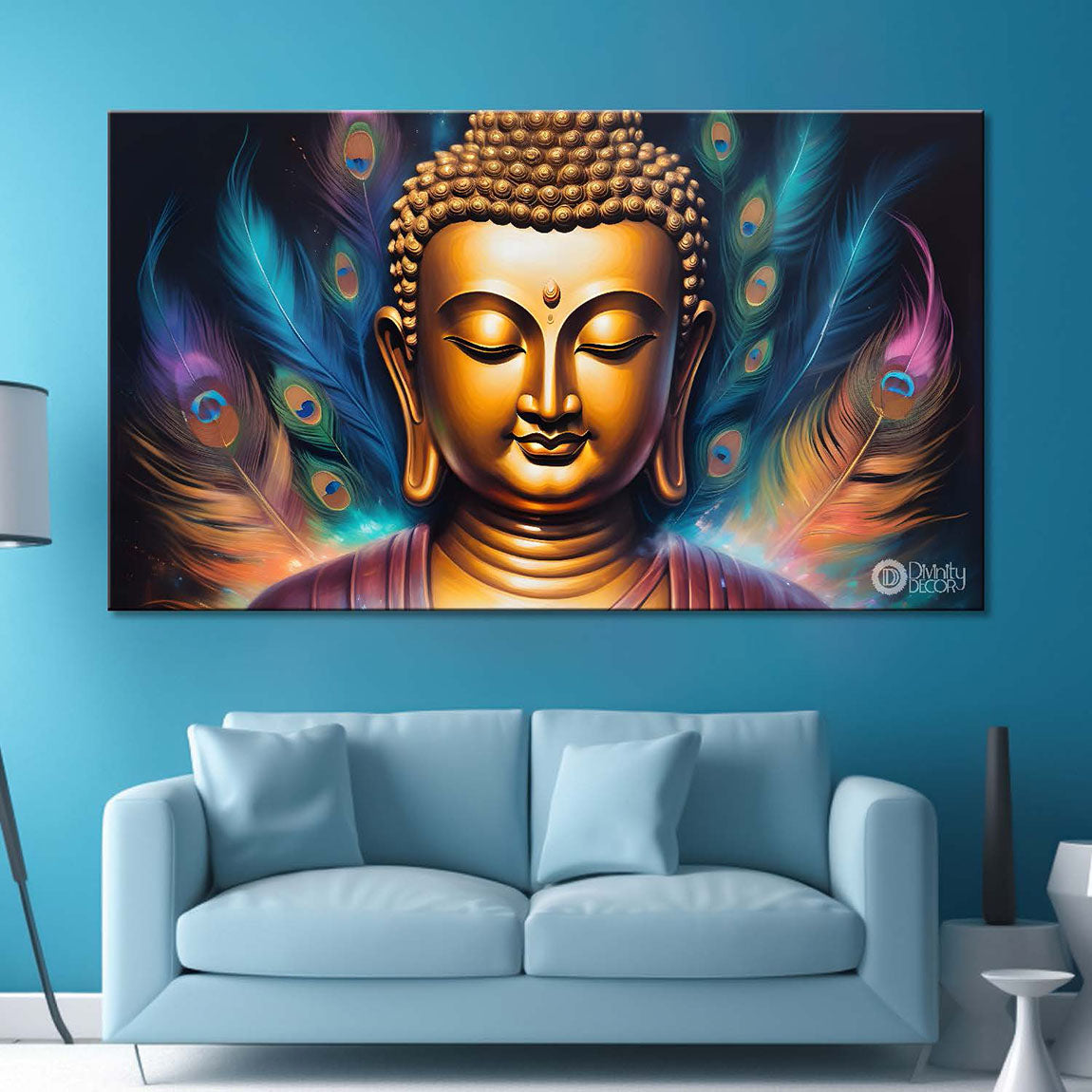 Golden buddha with blue textured background painting Canvas Wall Painting - Buddha-354