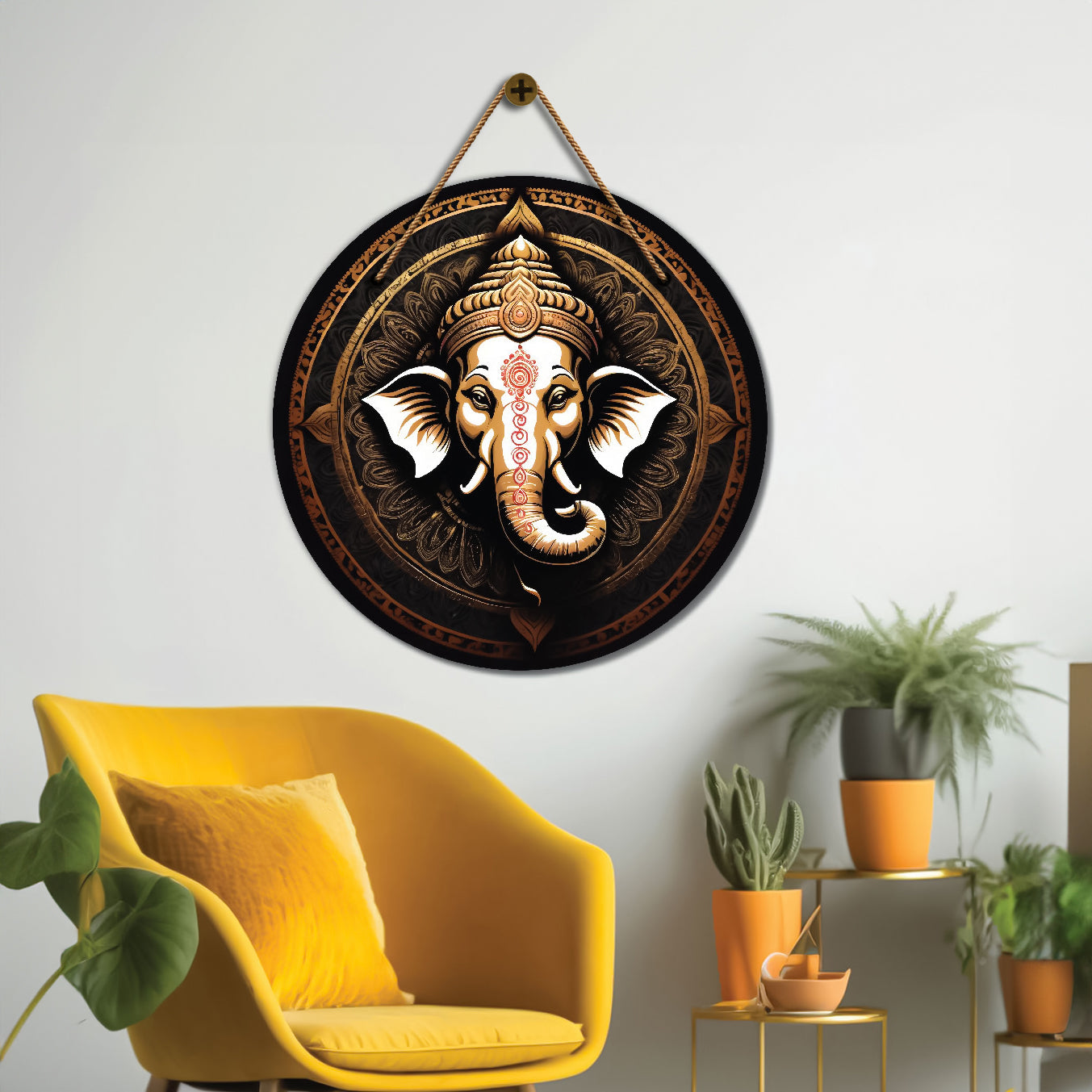 Ganesh Ji in black and white mandala Round Wooden Wall Hanging for wall Décor - Design - 354
