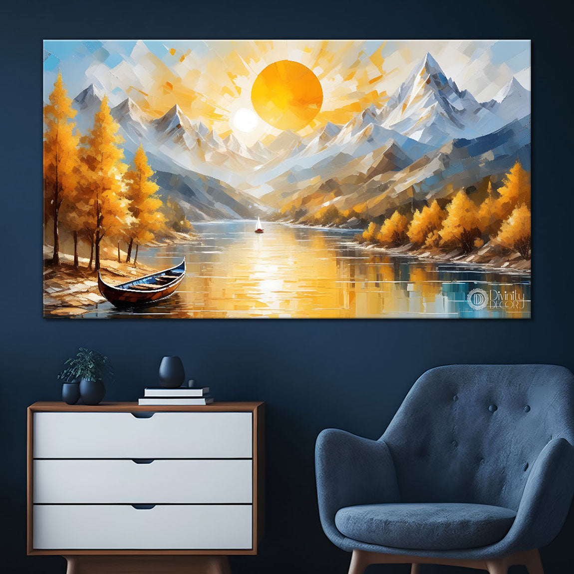 Yellow trees with mountains painting Canvas Painting - Nature Art -354