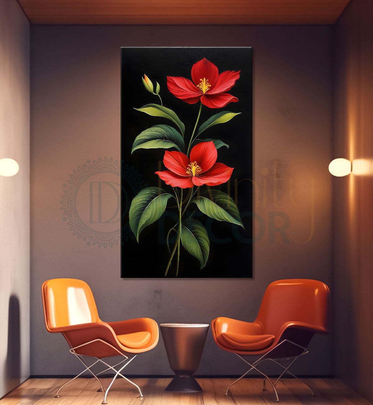 Red flowers in dark textured background painting- Flower-V-354