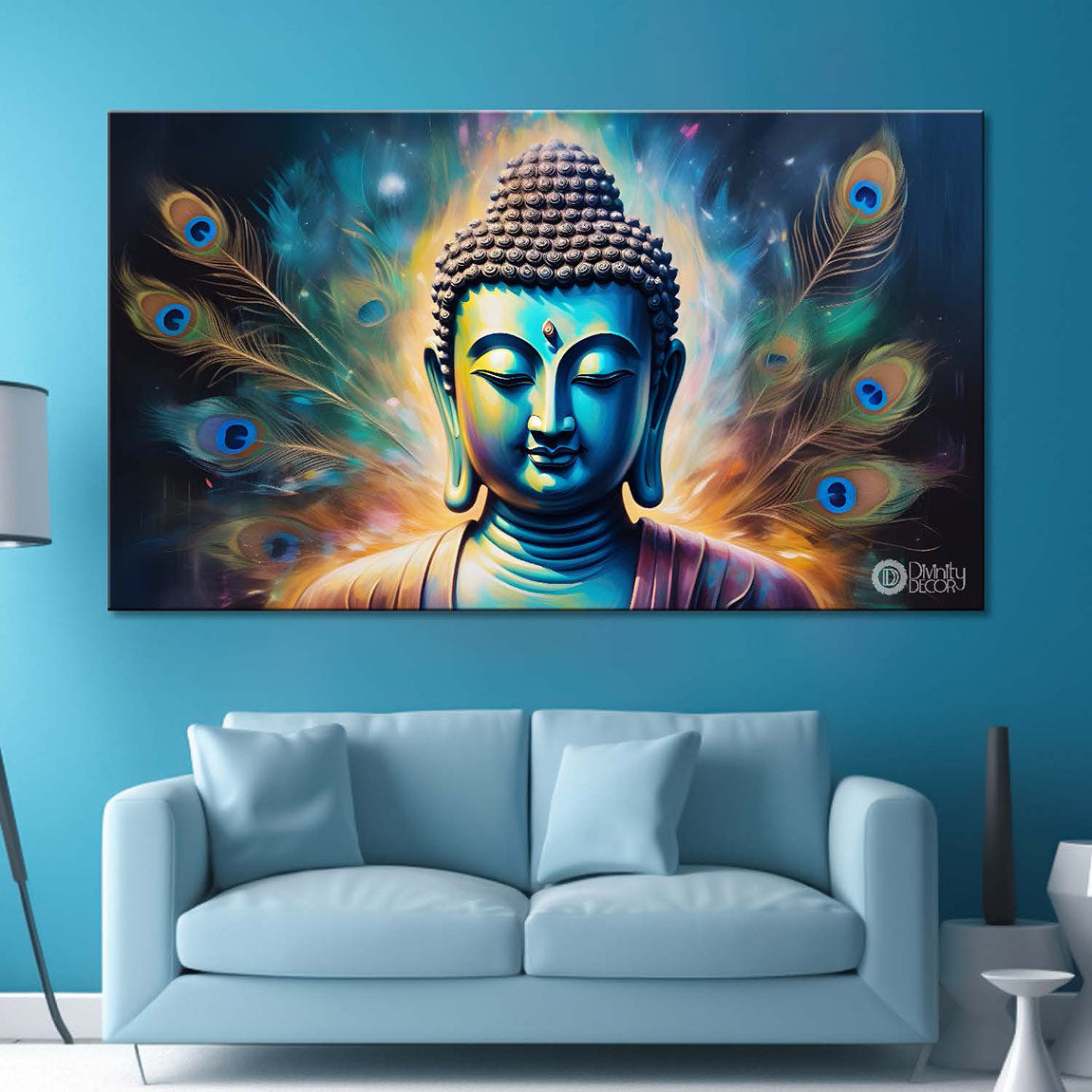 Blue buddha with peacock feather  textured  background painting Canvas Wall Painting - Buddha-355