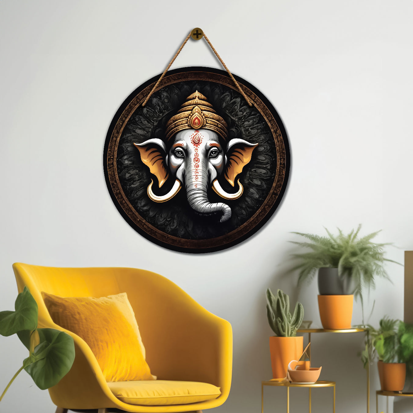 Ganesh Ji in black and grey mandala Round Wooden Wall Hanging for wall Décor - Design - 355