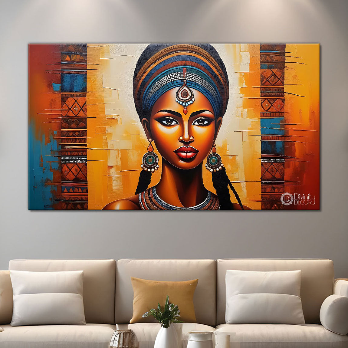 Tribal lady with bright background textured art Canvas Painting - Design - Modern-L-355