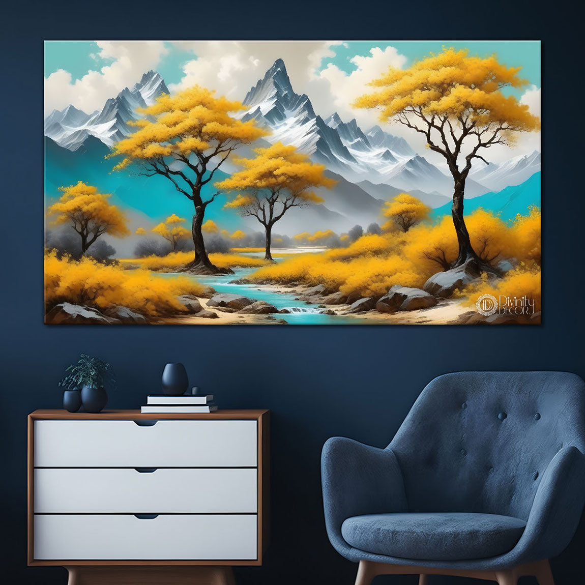 Yellow trees with mountains painting Canvas Painting - Nature Art -355