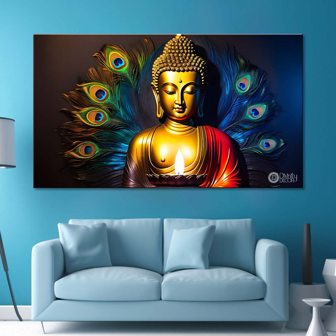 Golden buddha with peacock feather and orange textured background painting Canvas Wall Painting - Buddha-356