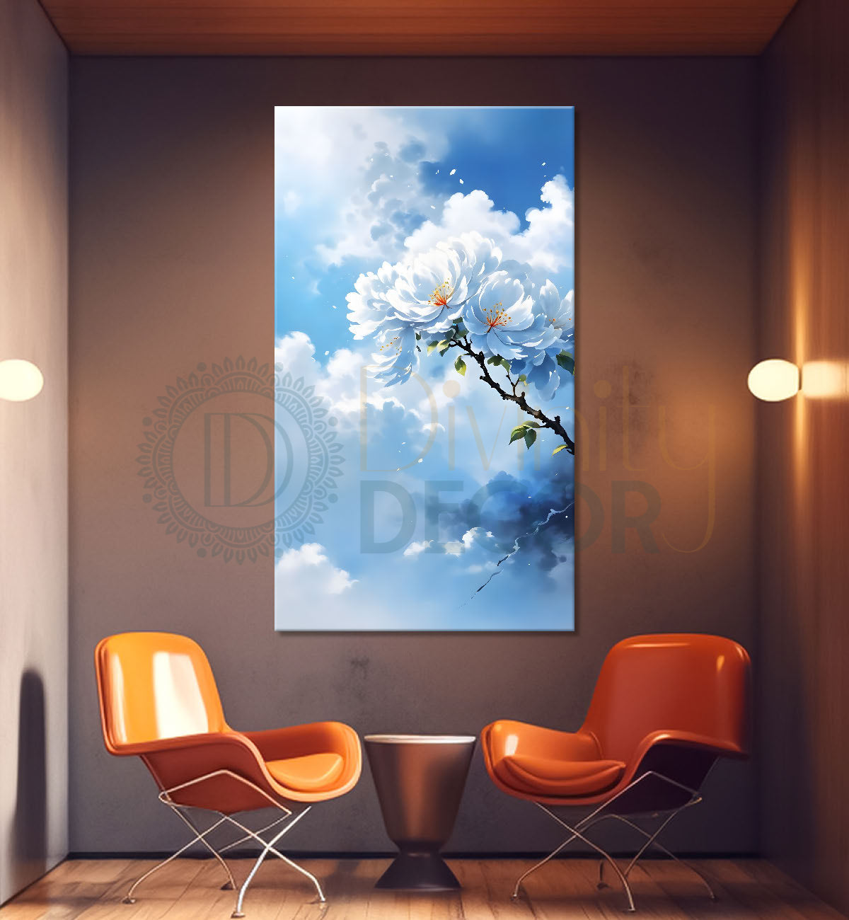 White flowers in cloudy textured background painting- Flower-V-356