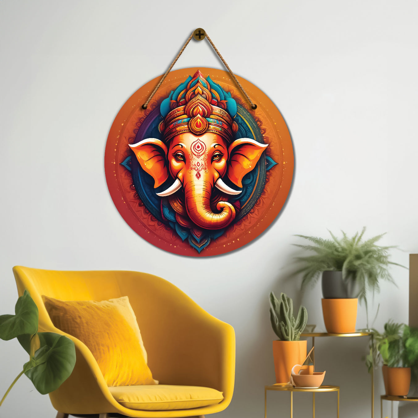 Ganesh Ji in blue and orange mandala Round Wooden Wall Hanging for wall Décor - Design - 356