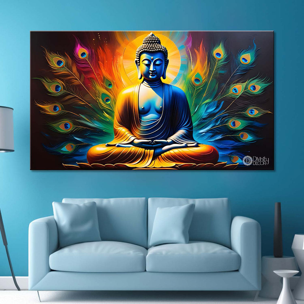 Golden buddha with peacock feather and orange textured background painting Canvas Wall Painting - Buddha-357