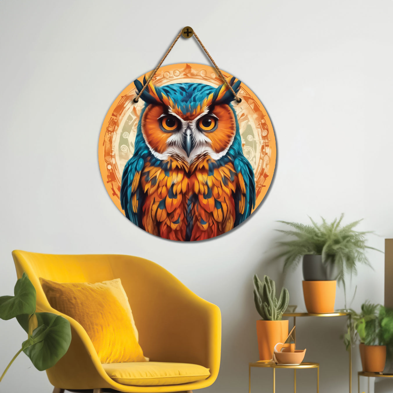 Owl in blue and yellow mandala Round Wooden Wall Hanging for wall Décor - Design - 357