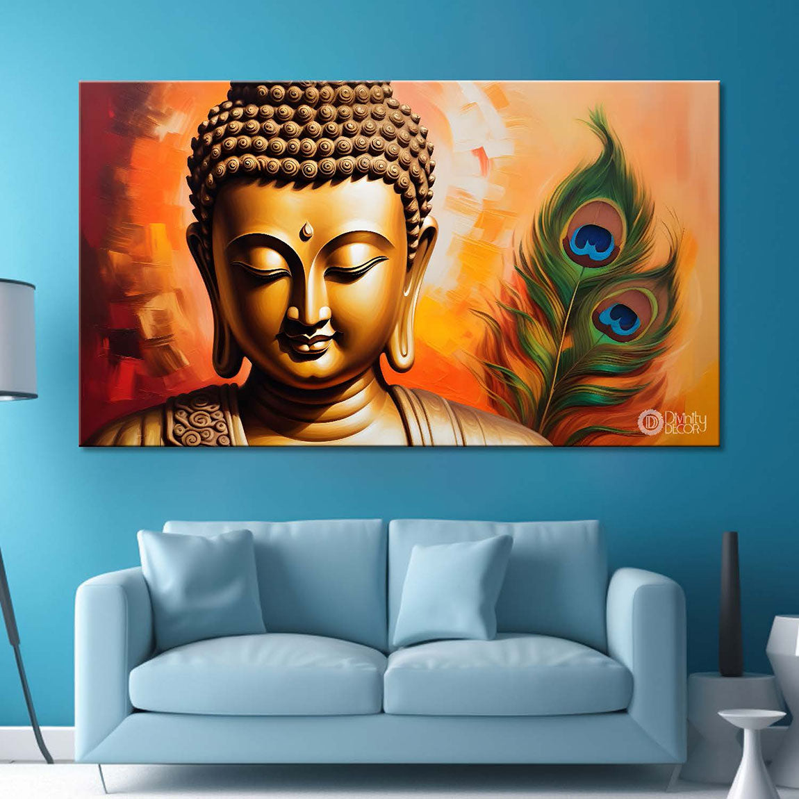 Golden buddha with peacock feather and orange textured background painting Canvas Wall Painting - Buddha-358