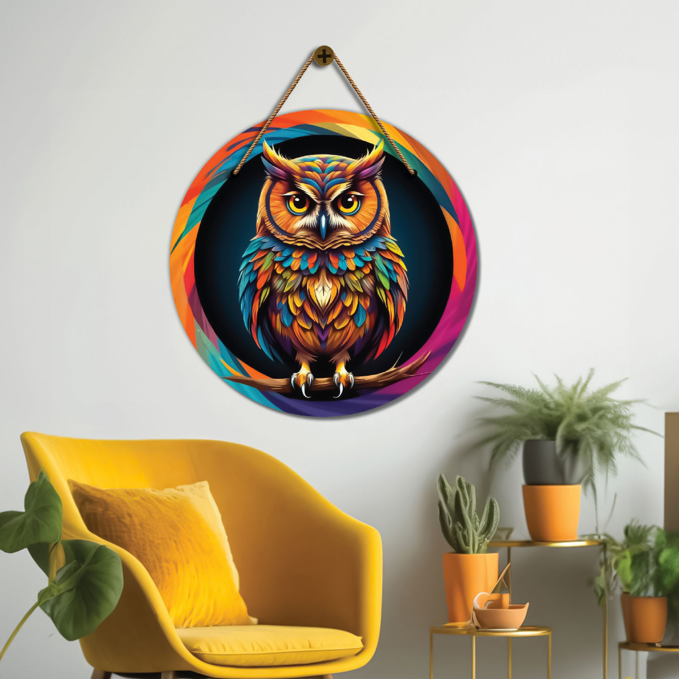 Owl in colorful mandala Round Wooden Wall Hanging for wall Décor - Design - 358
