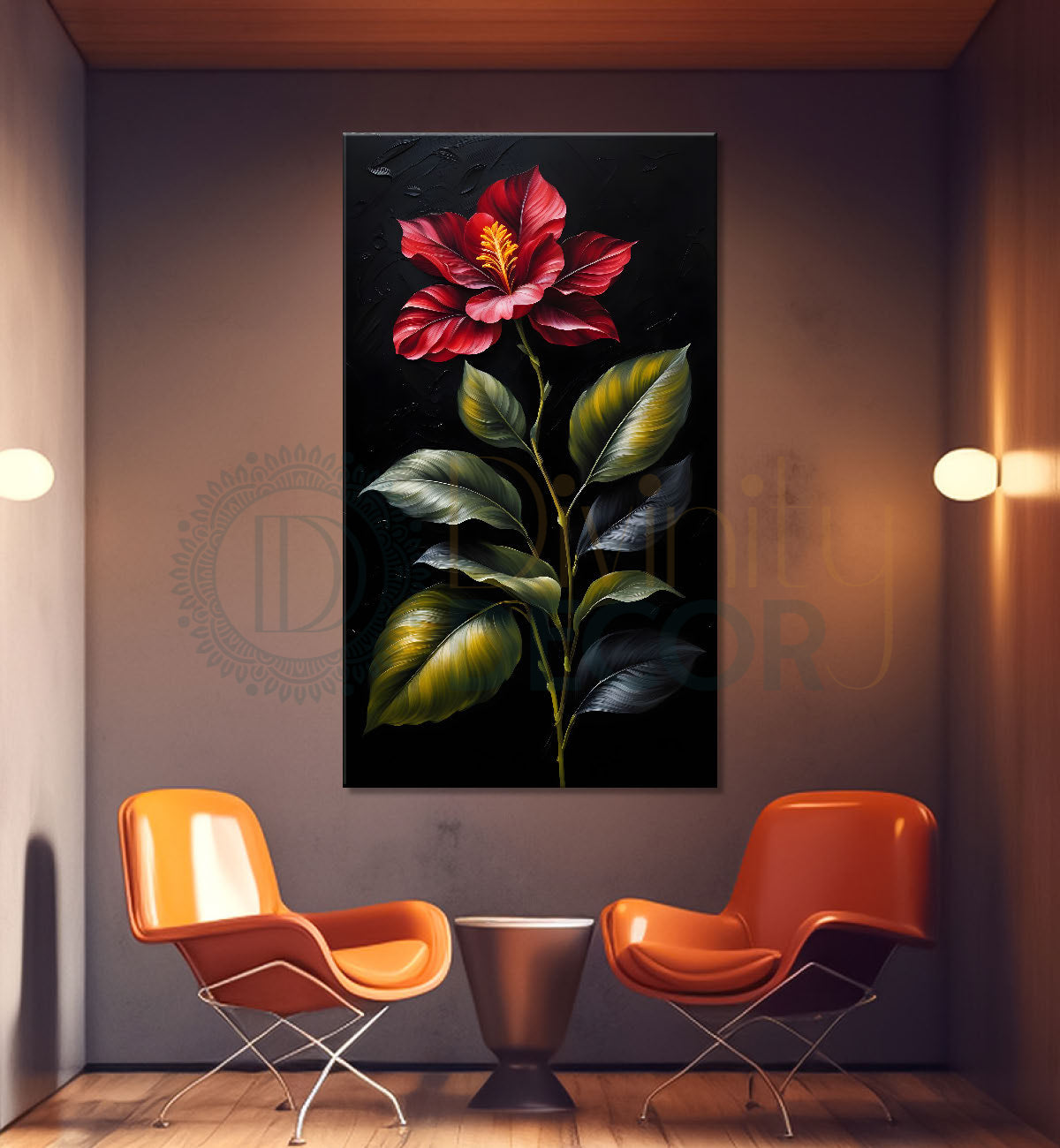 Red flowers in dark textured painting- Flower-V-358