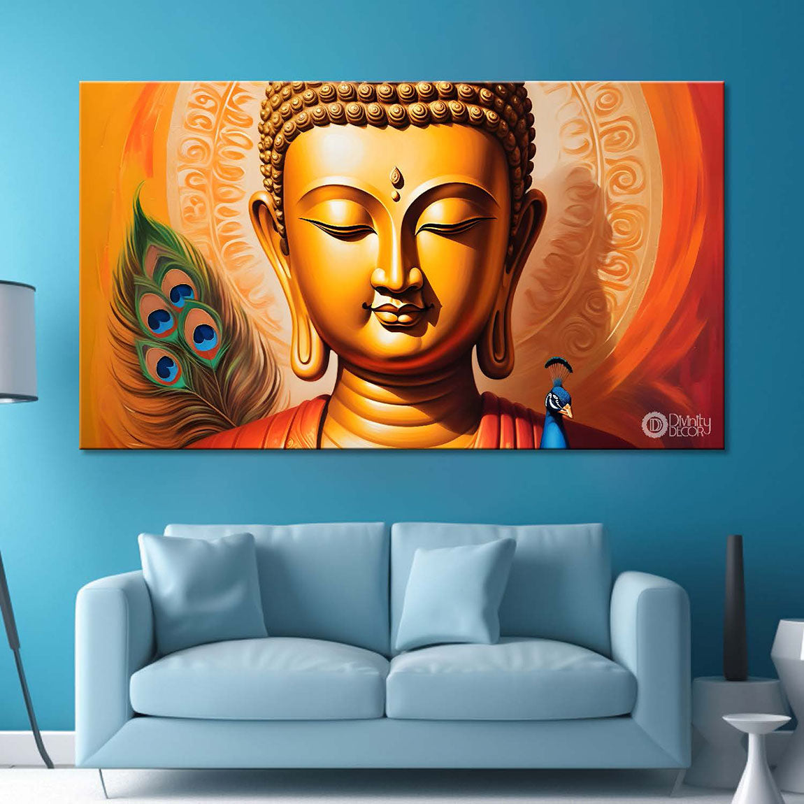 Golden buddha with peacock feather and orange textured background painting Canvas Wall Painting - Buddha-359
