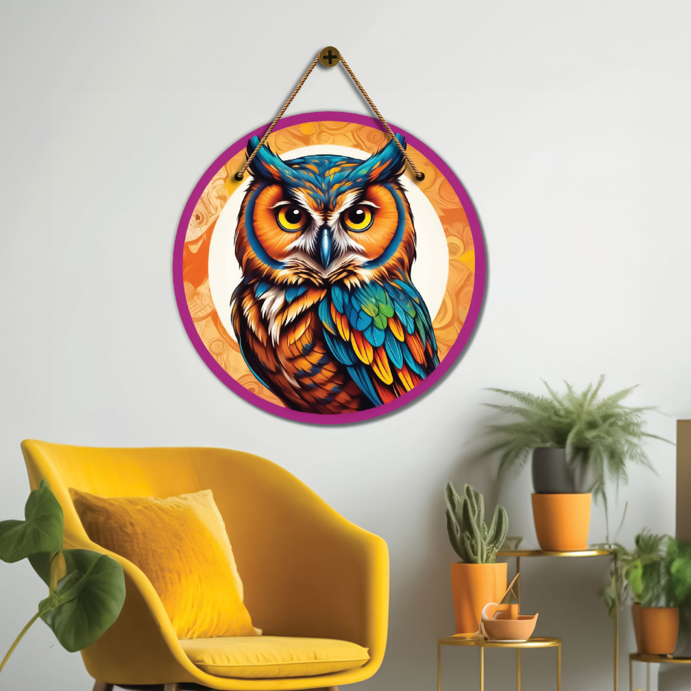 Owl in blue and yellow mandala Round Wooden Wall Hanging for wall Décor - Design - 359