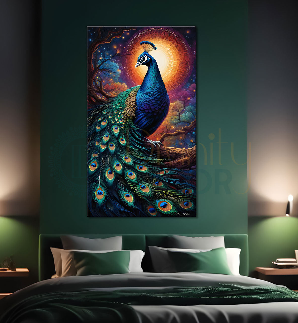 Peacock on branch in front of moon with sunset background modern art painting  - Design - Peacock-V-35