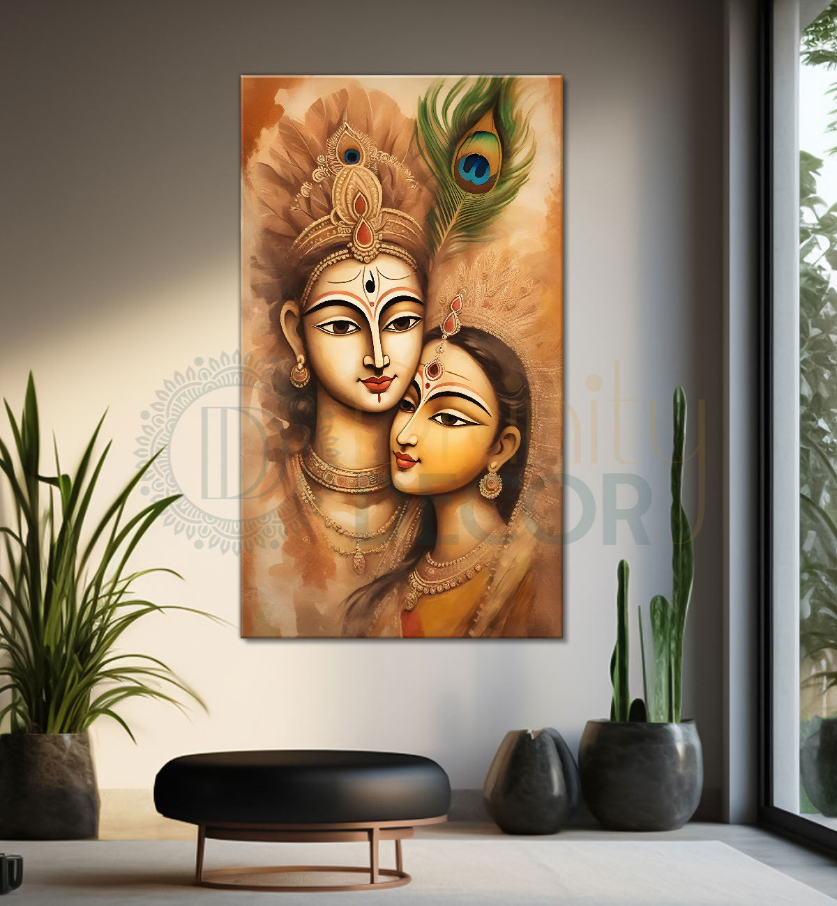 Krishna with radha in light brown background textured art Canvas Painting - Design - Krishna-V-35