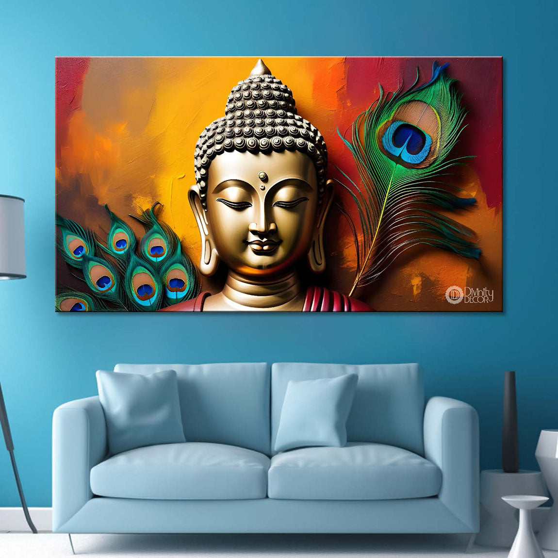 Golden buddha with peacock feather and orange textured background painting Canvas Wall Painting - Buddha-360
