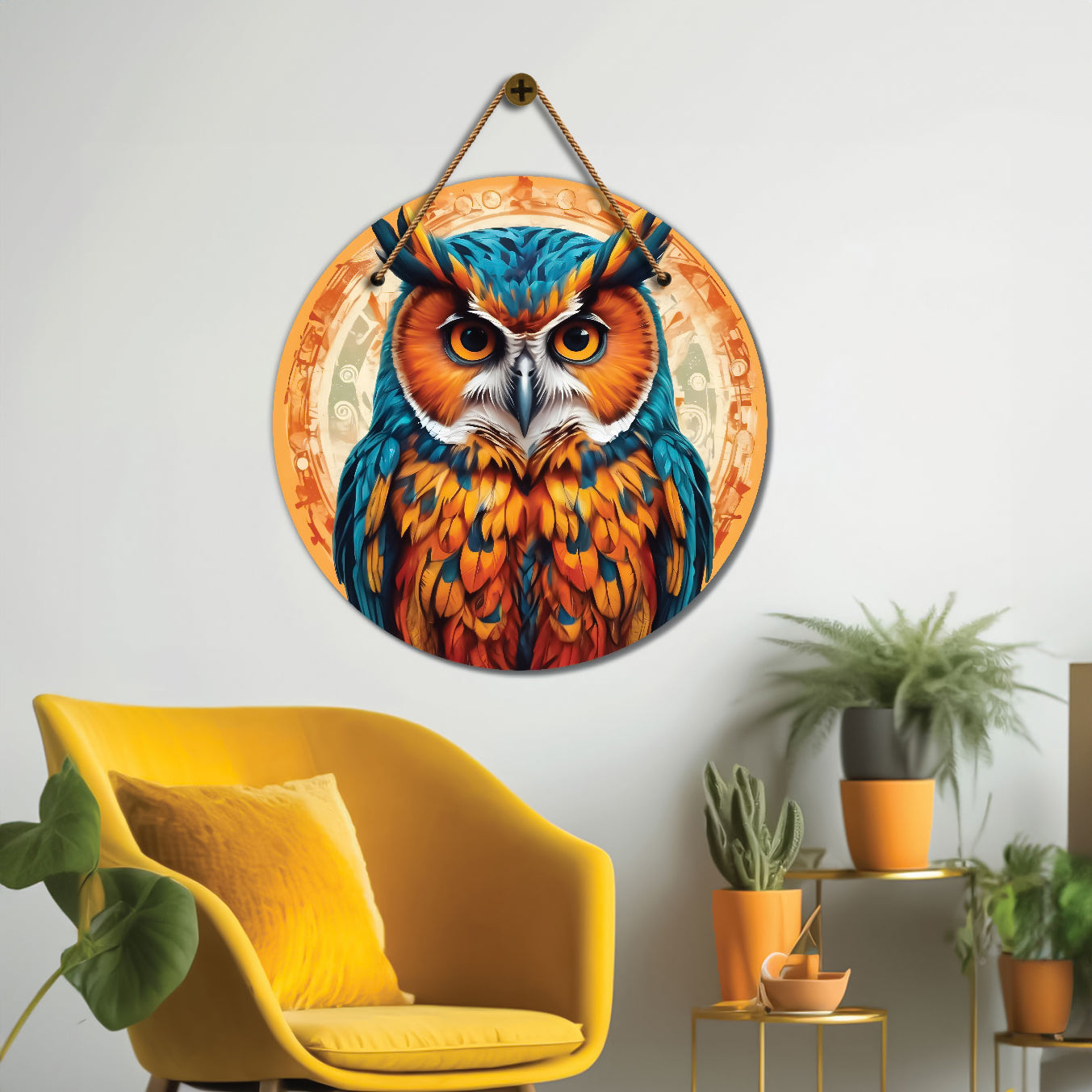 Owl in blue and yellow mandala Round Wooden Wall Hanging for wall Décor - Design - 360