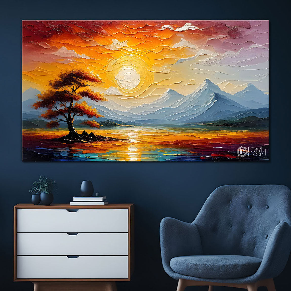 Mountains with trees and sun painting Canvas Painting - Nature Art -360