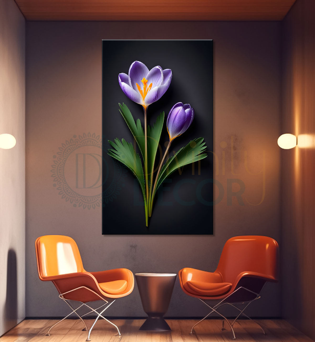 Purple flowers in dark textured background painting- Flower-V-360