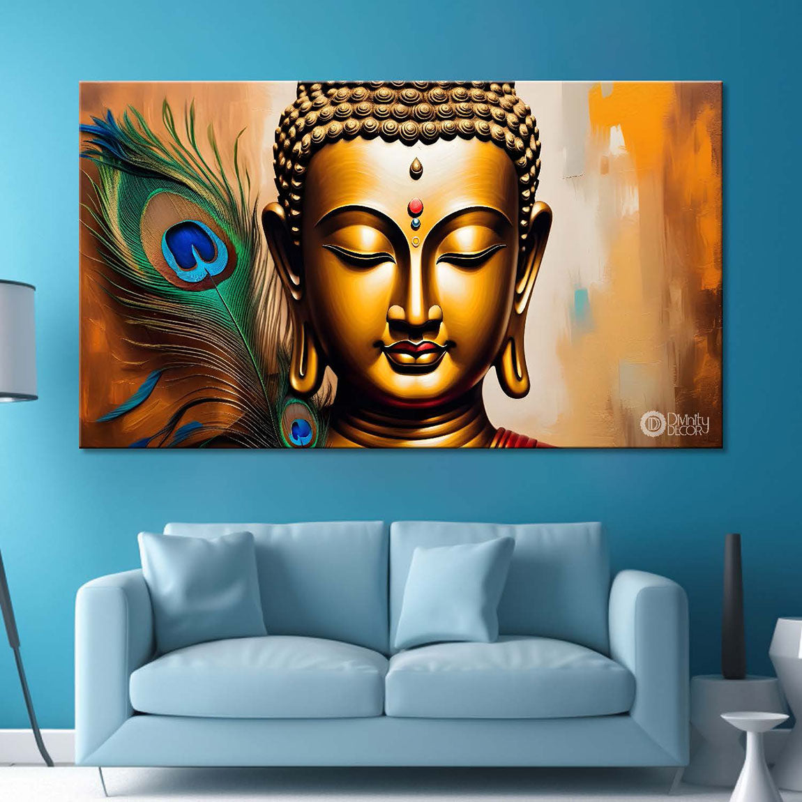 Golden buddha with peacock feather and orange textured background painting Canvas Wall Painting - Buddha-361