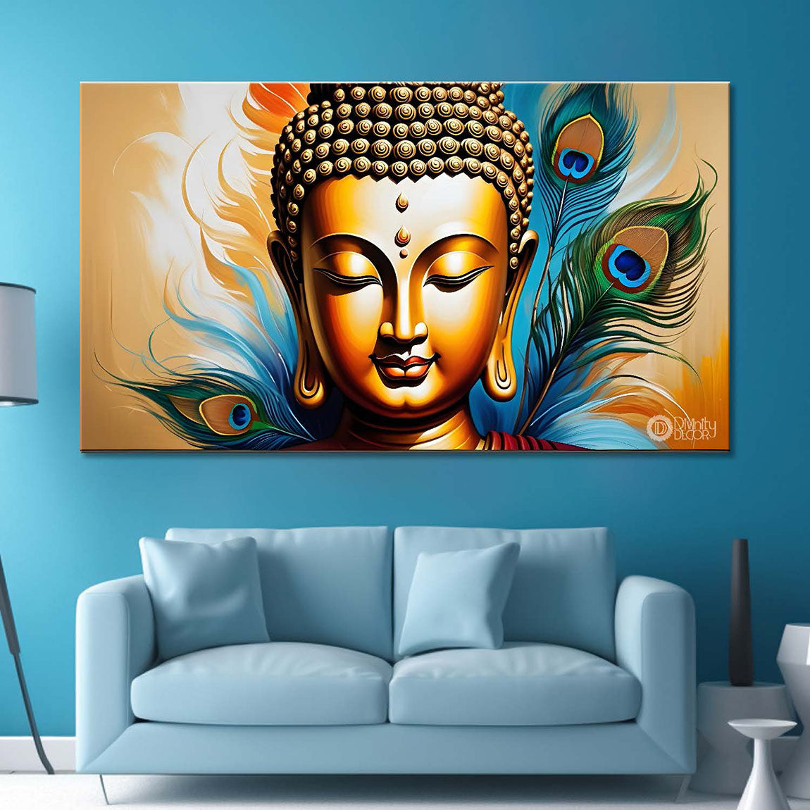 Golden buddha with peacock feather and orange textured background painting Canvas Wall Painting - Buddha-362
