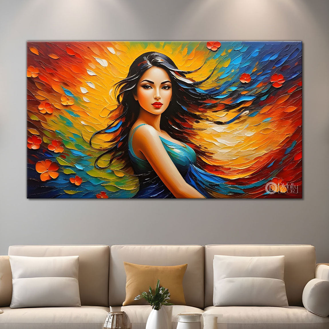 Beautiful woman with colorful background modern art Canvas Painting - Design - Modern-L-362