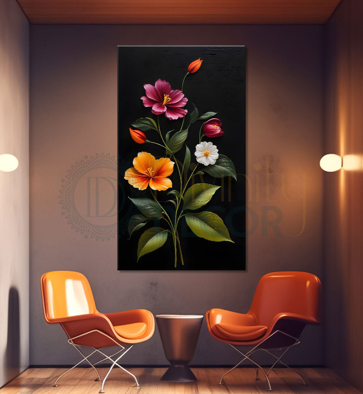 Colourful flowers in dark textured painting- Flower-V-362