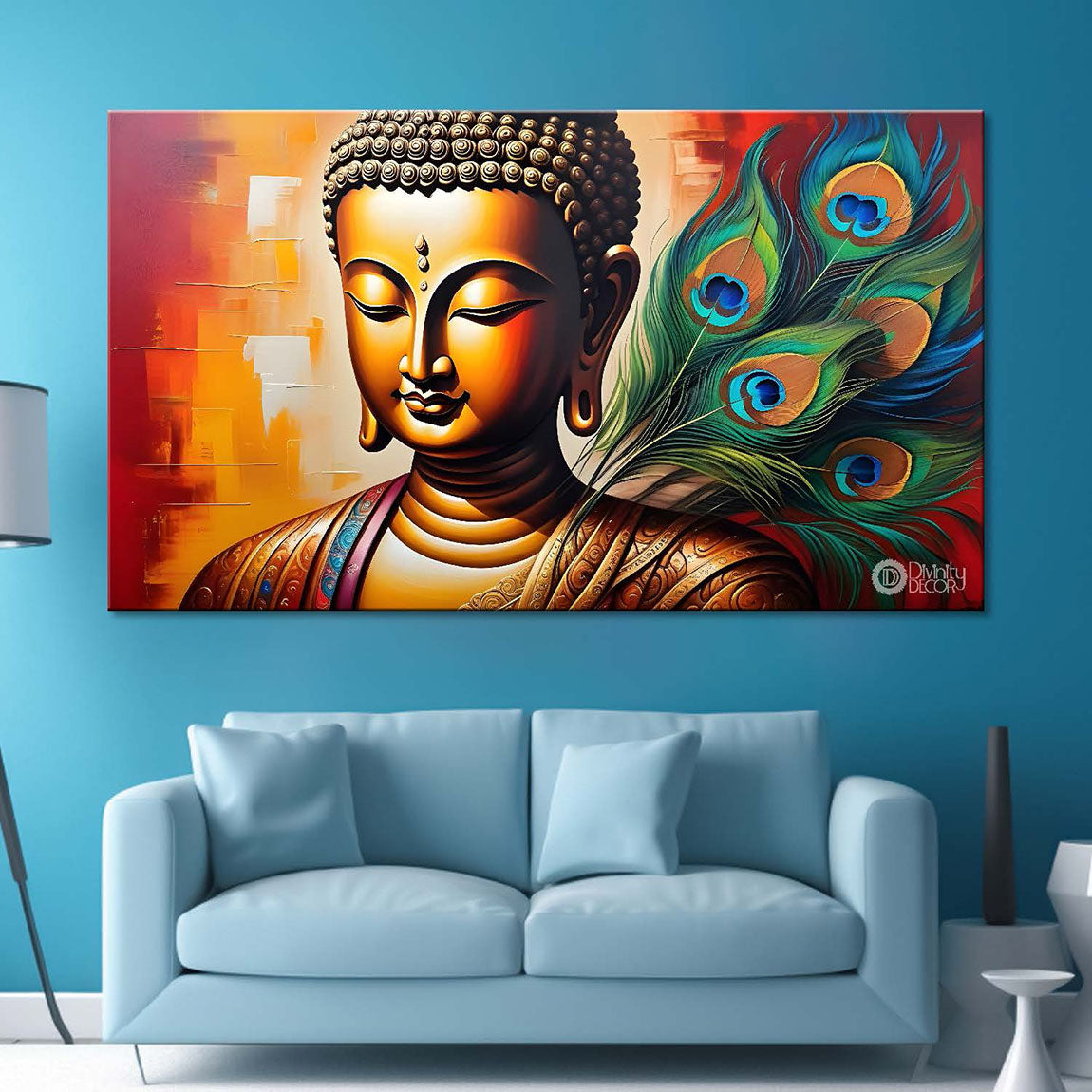 Golden buddha with peacock feather and orange textured background painting Canvas Wall Painting - Buddha-363