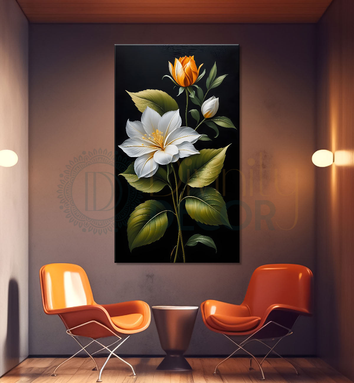 White flowers in dark textured background painting- Flower-V-363