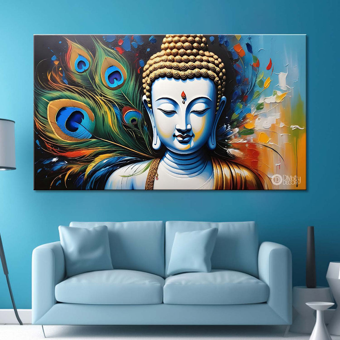 Golden buddha with peacock feather and orange textured background painting Canvas Wall Painting - Buddha-364