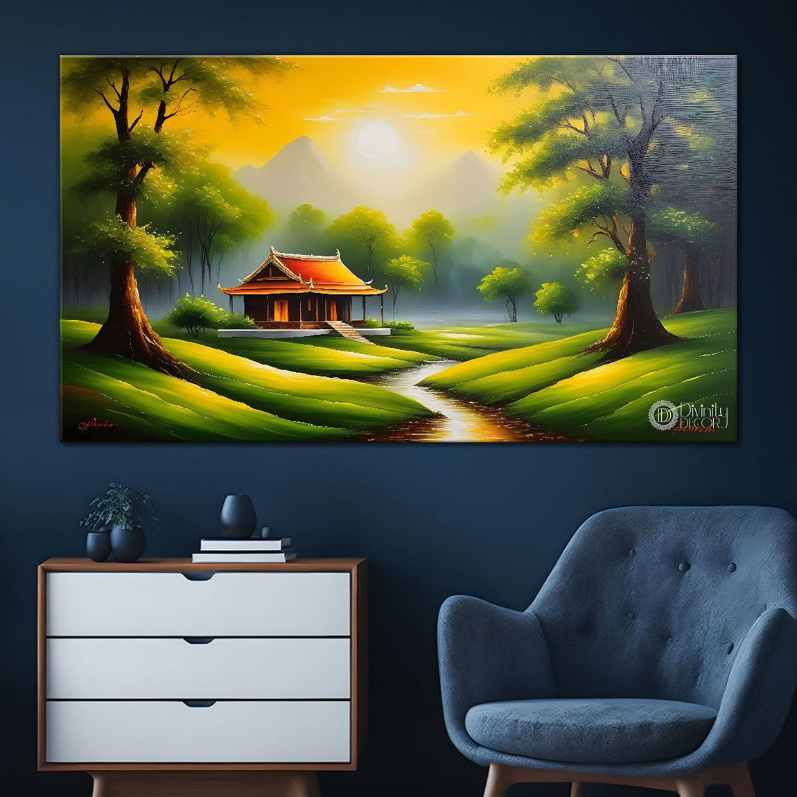 Greenery with house painting Canvas Painting - Nature Art -364