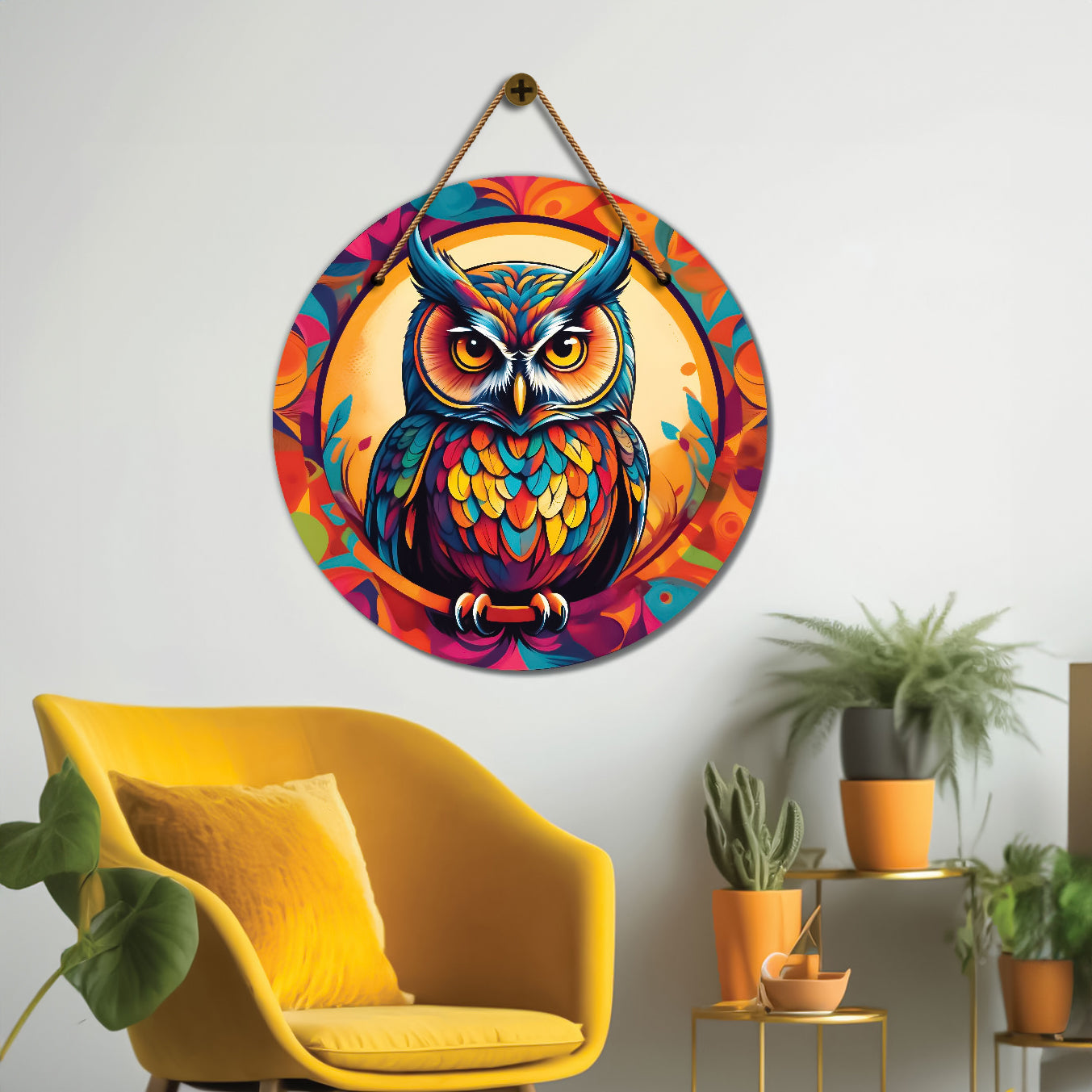 Owl in colorful floral mandala Round Wooden Wall Hanging for wall Décor - Design - 364