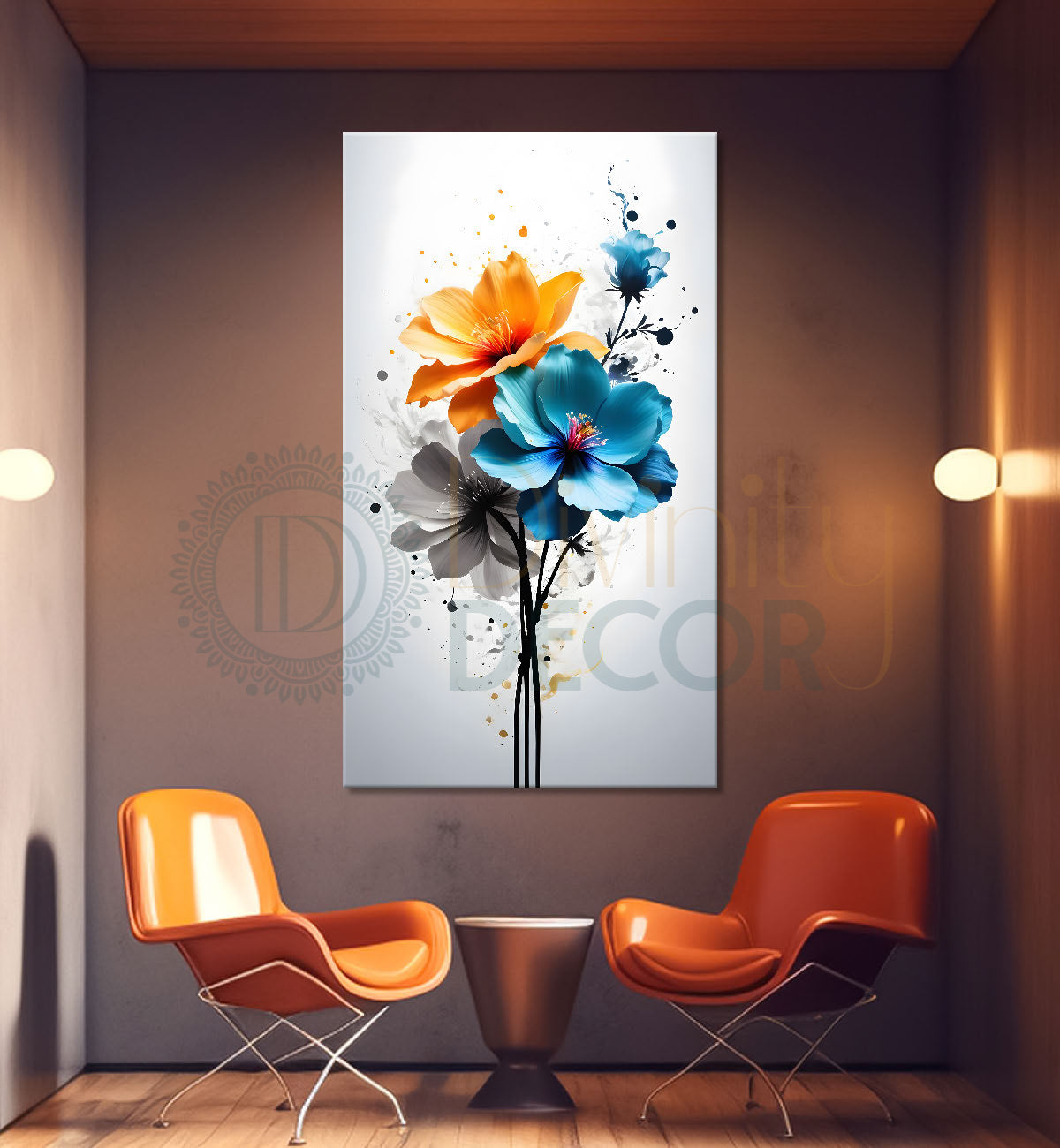 Orange and blue in dark textured background painting- Flower-V-364